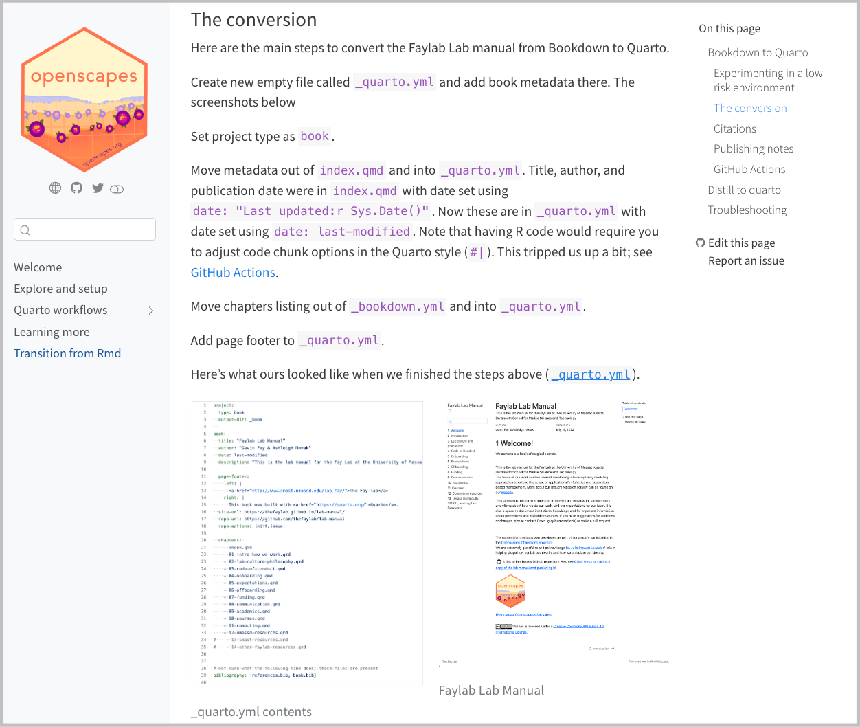 A screenshot of tutorial, Making shareable documents with Quarto with heading The conversion and side by side screenshots of _quarto.yml file and live Faylab Lab Manual.